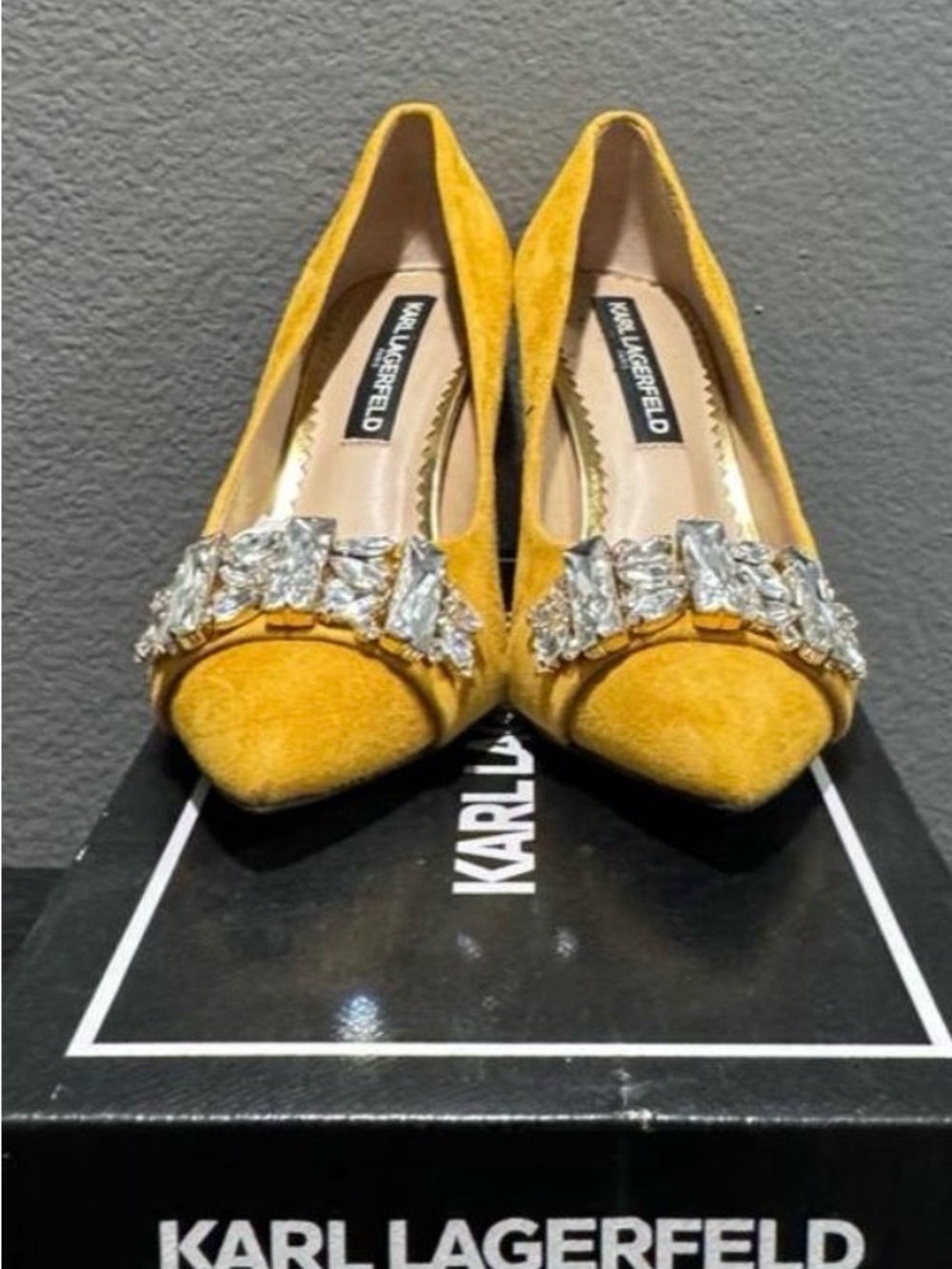 Karl Lagerfeld Yellow Suede Pointed Toe Pumps with Jeweled Strap